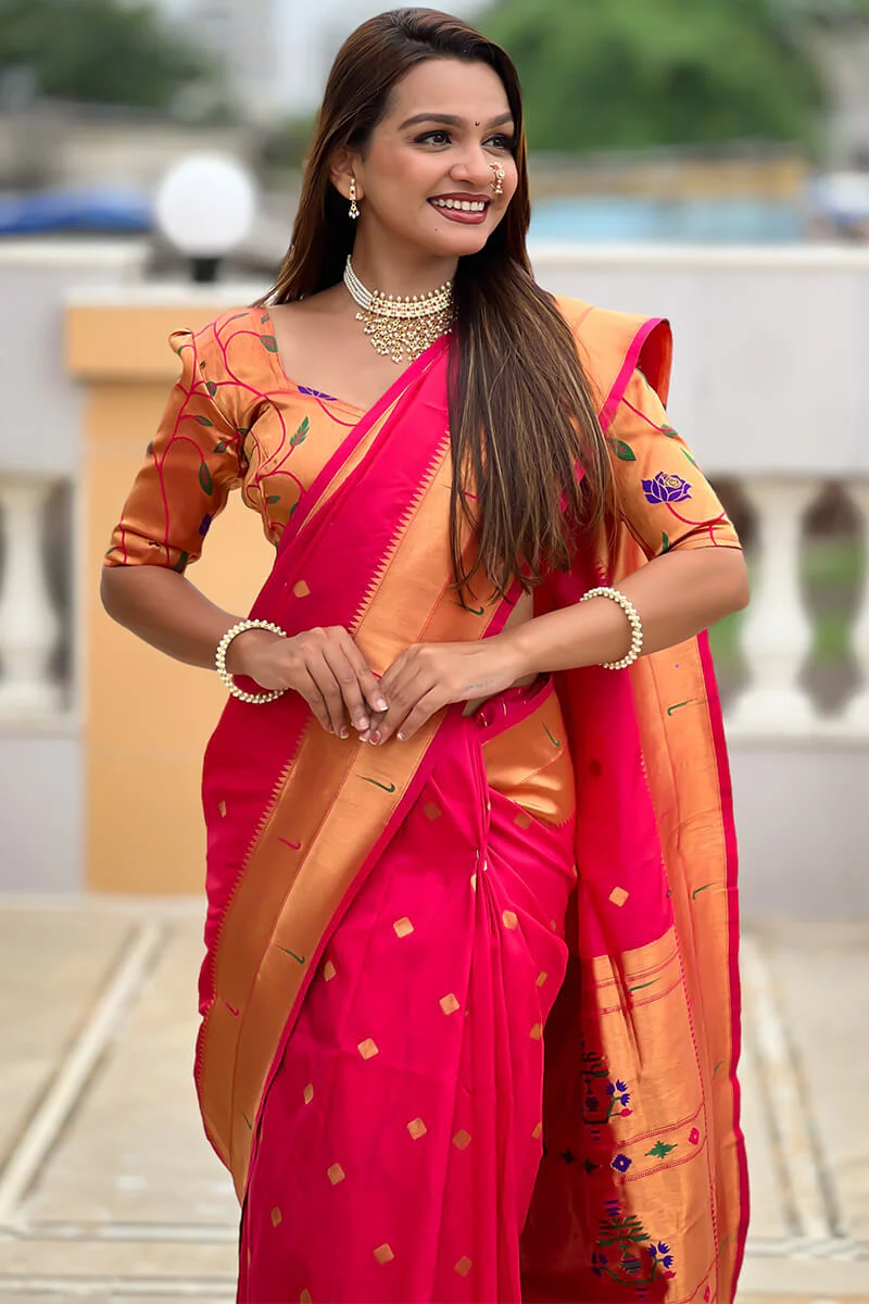 Vibrant Dark Pink Paithani Silk Saree With Blissful Blouse Piece - Image 2