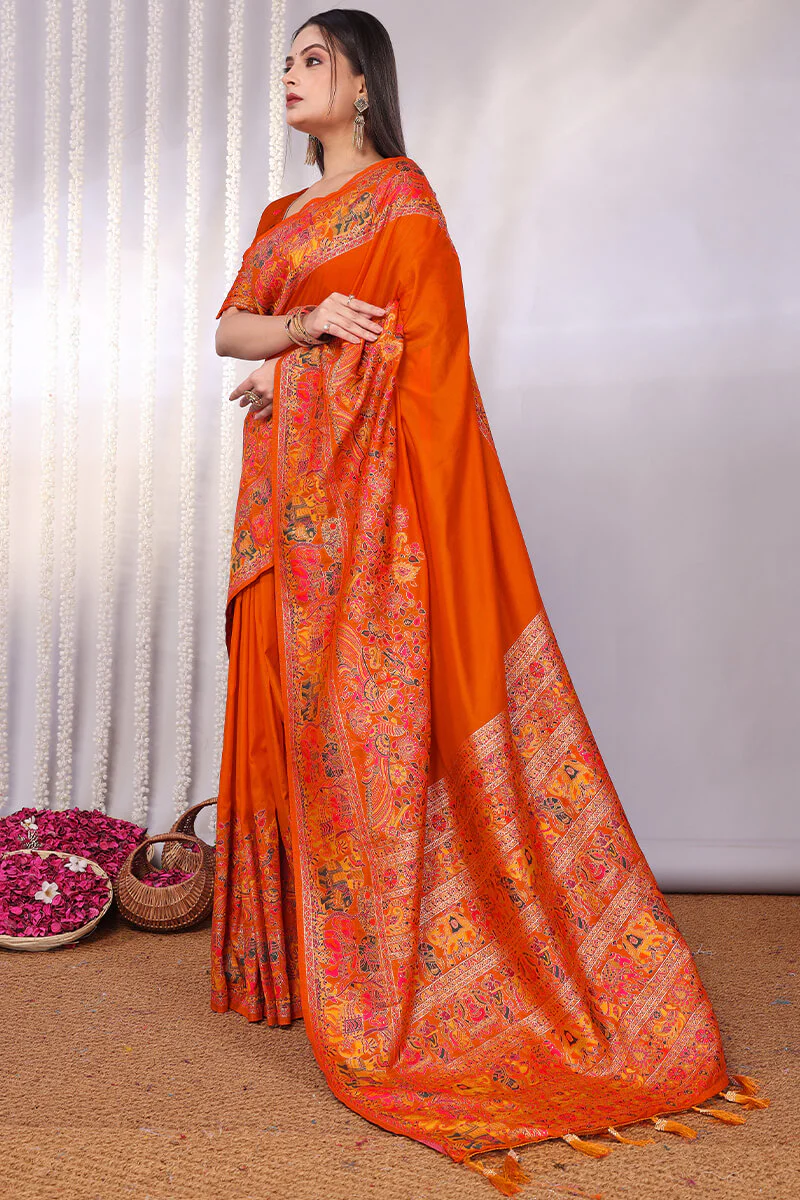 Vibrant Orange Pashmina Saree With Panache Blouse Piece - Image 3