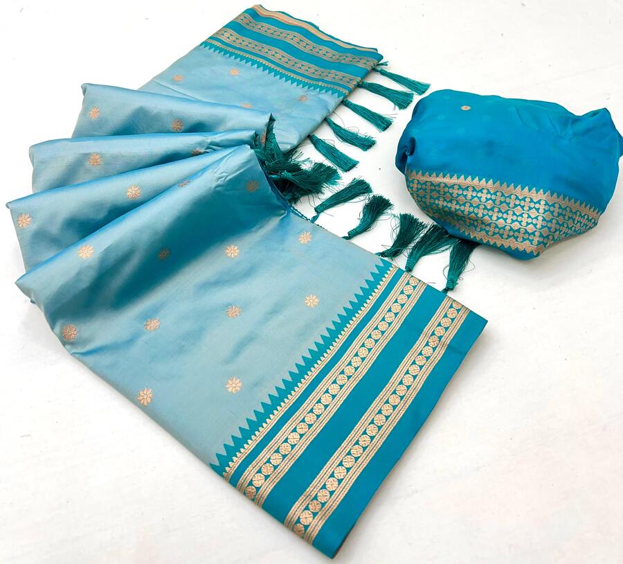 Vibrant Sky Soft Banarasi Silk Saree With Enigmatic Blouse Piece - Image 2