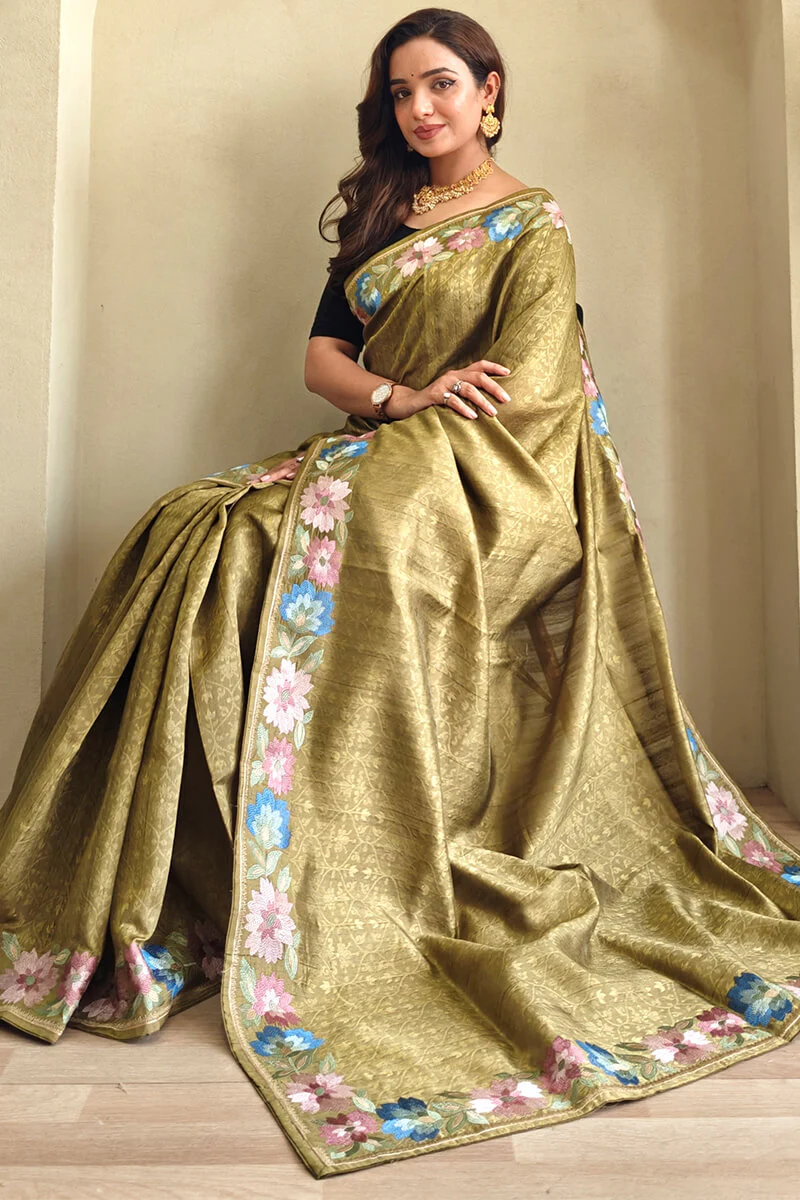 Vivacious Green Embroidery Work Tussar Silk Saree With Improbable Blouse Piece - Image 2
