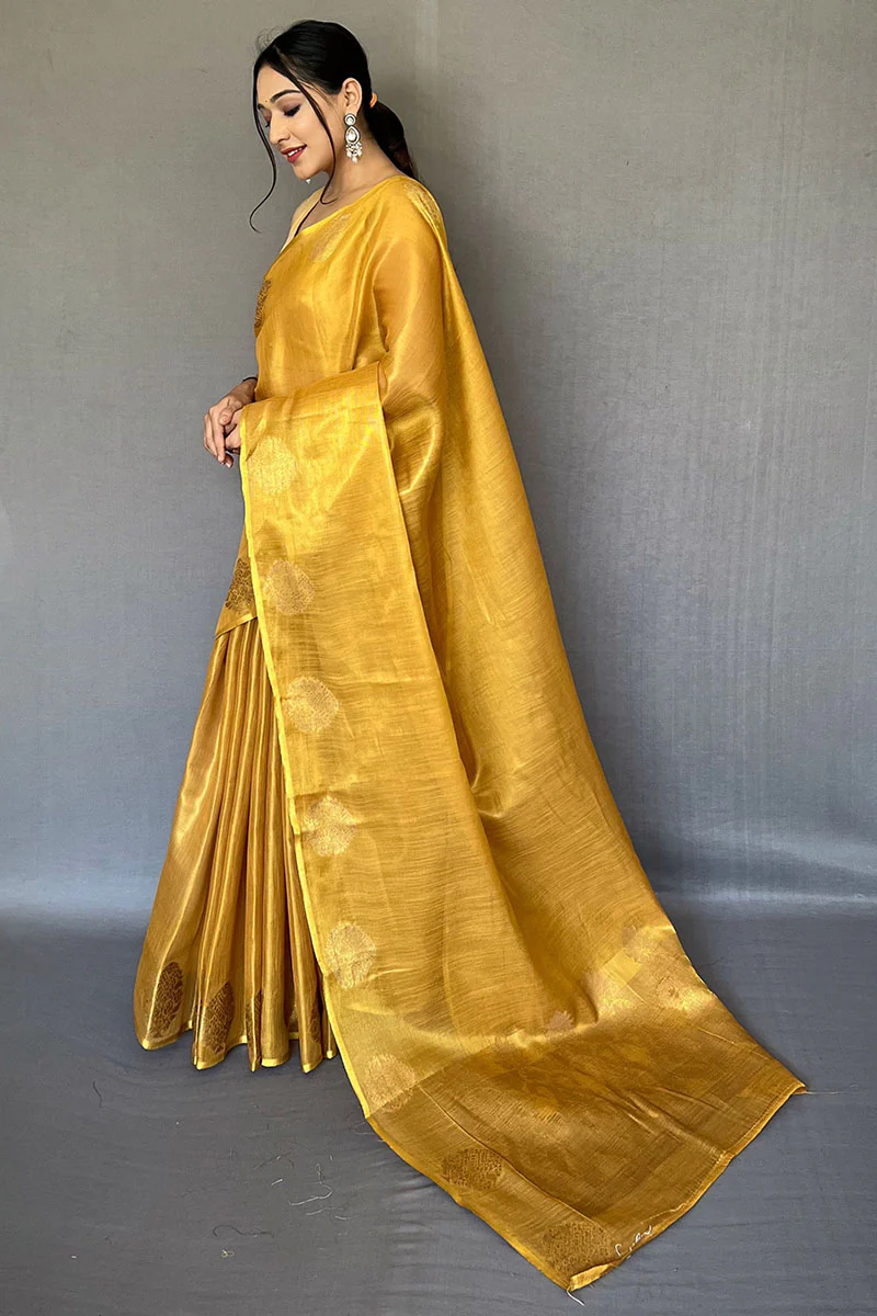 Vivacious Mustard Soft Banarasi Tissue Silk Saree With Inimitable Blouse Piece - Image 3