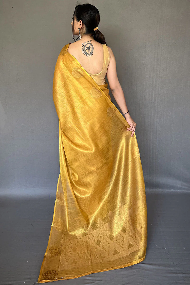 Vivacious Mustard Soft Banarasi Tissue Silk Saree With Inimitable Blouse Piece - Image 4