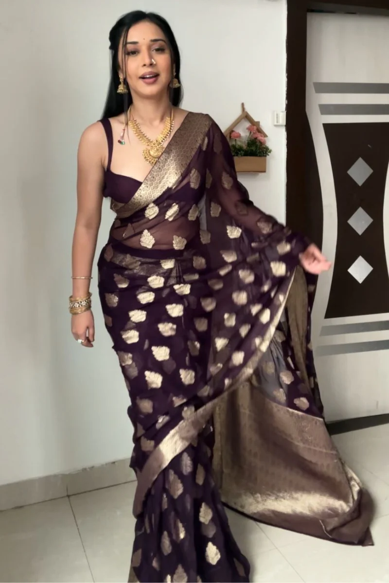 Whimsical 1-Minute Ready To Wear Dark Purple Cotton Silk Saree - Image 3