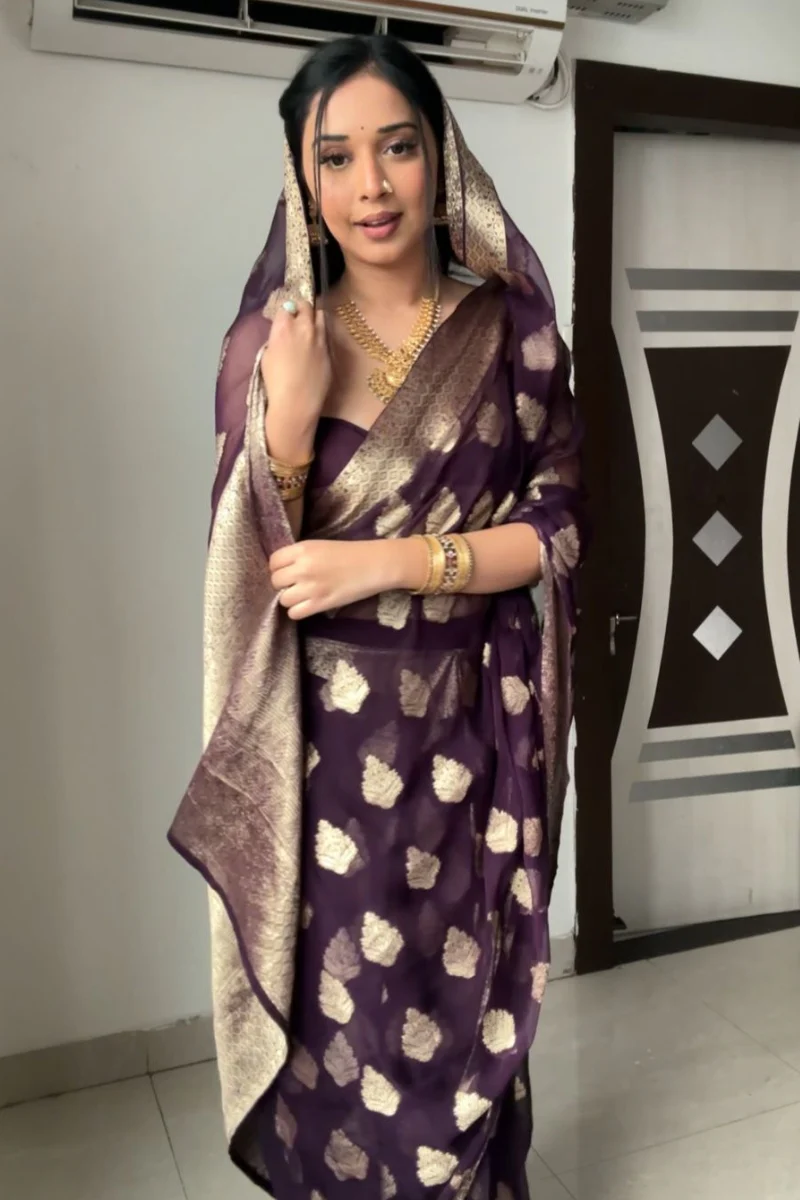 Whimsical 1-Minute Ready To Wear Dark Purple Cotton Silk Saree - Image 4