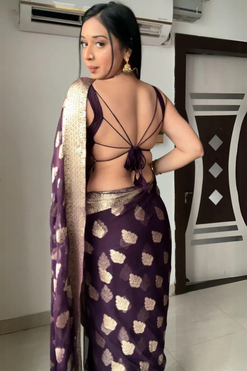 Whimsical 1-Minute Ready To Wear Dark Purple Cotton Silk Saree - Image 6