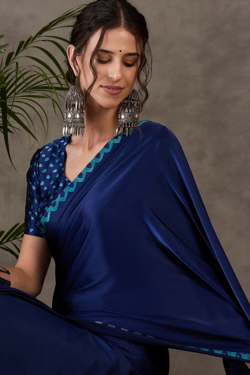 Whimsical Navy Blue Ajrakh Printed Semi Modal Silk Saree With Scrupulous Blouse Piece - Image 2