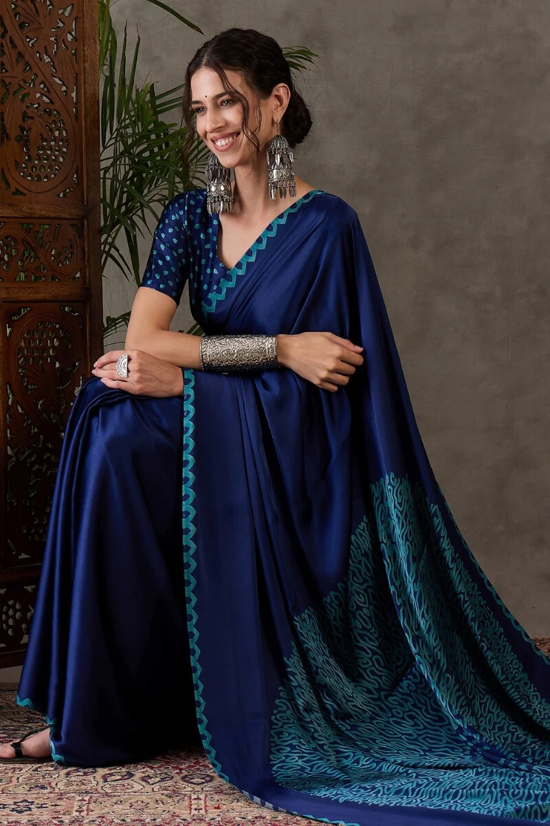 Whimsical Navy Blue Ajrakh Printed Semi Modal Silk Saree With Scrupulous Blouse Piece - Image 6