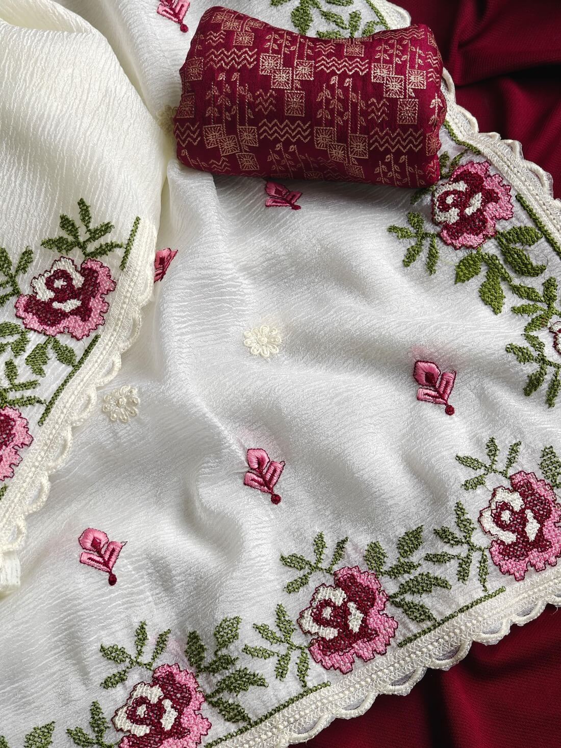 Whimsical Off White Embroidery Work Crush Chiffon Silk Saree With Blissful Blouse Piece - Image 3