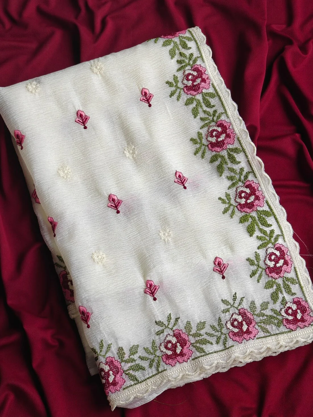 Whimsical Off White Embroidery Work Crush Chiffon Silk Saree With Blissful Blouse Piece - Image 6