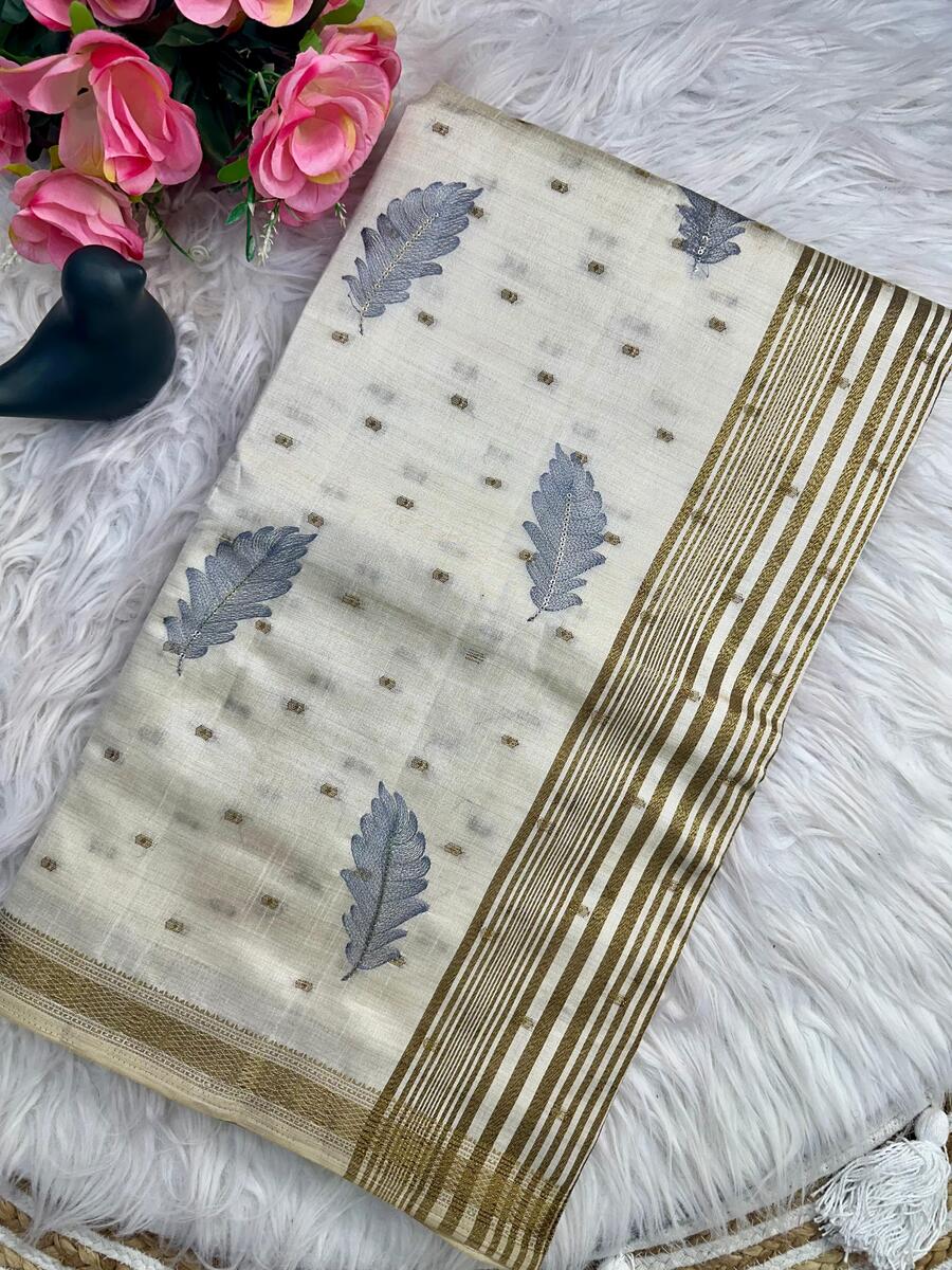 Whimsical Off White Embroidery Work Tussar Silk Saree With Blissful Blouse Piece - Image 2