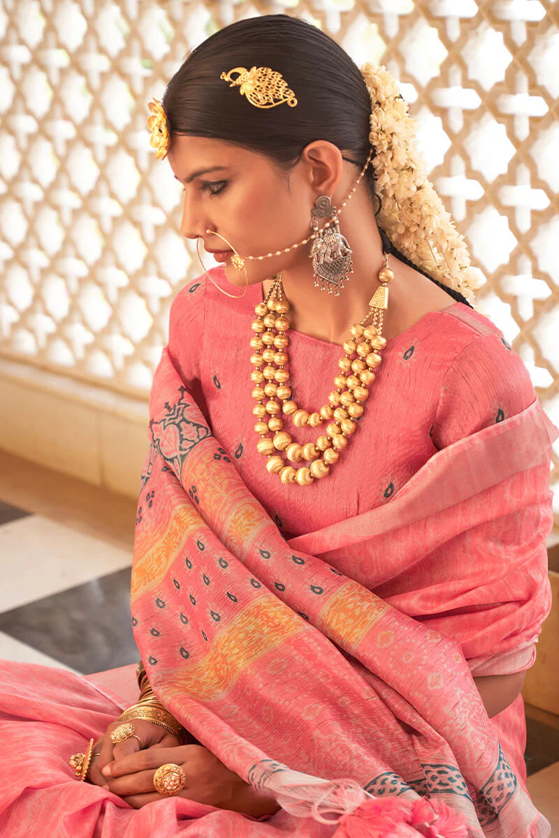 Winsome Baby Pink Cotton Silk Saree With Staring Blouse Piece - Image 2