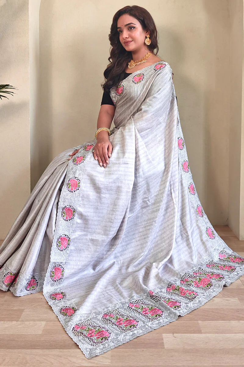 Winsome Grey Embroidery Work Tussar Silk Saree With Lissome Blouse Piece - Image 4