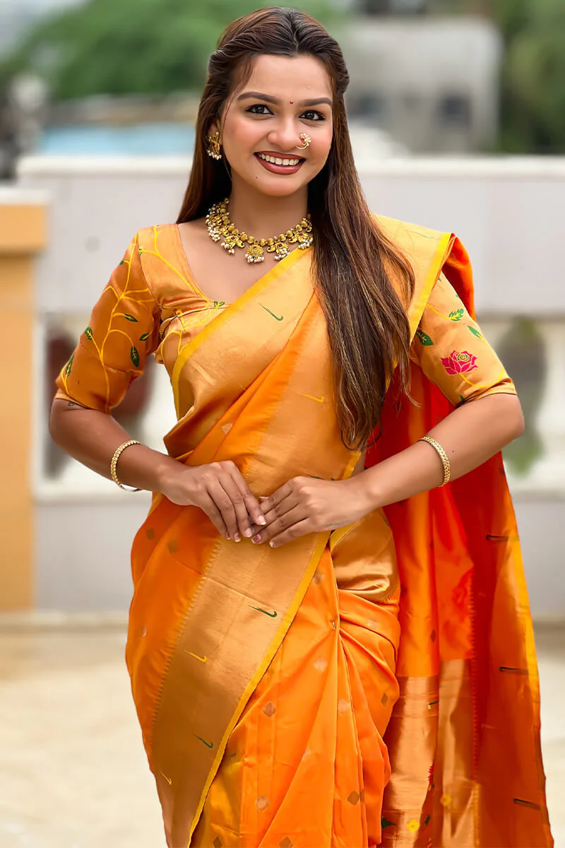 Winsome Mustard Paithani Silk Saree With Unique Blouse Piece - Image 2