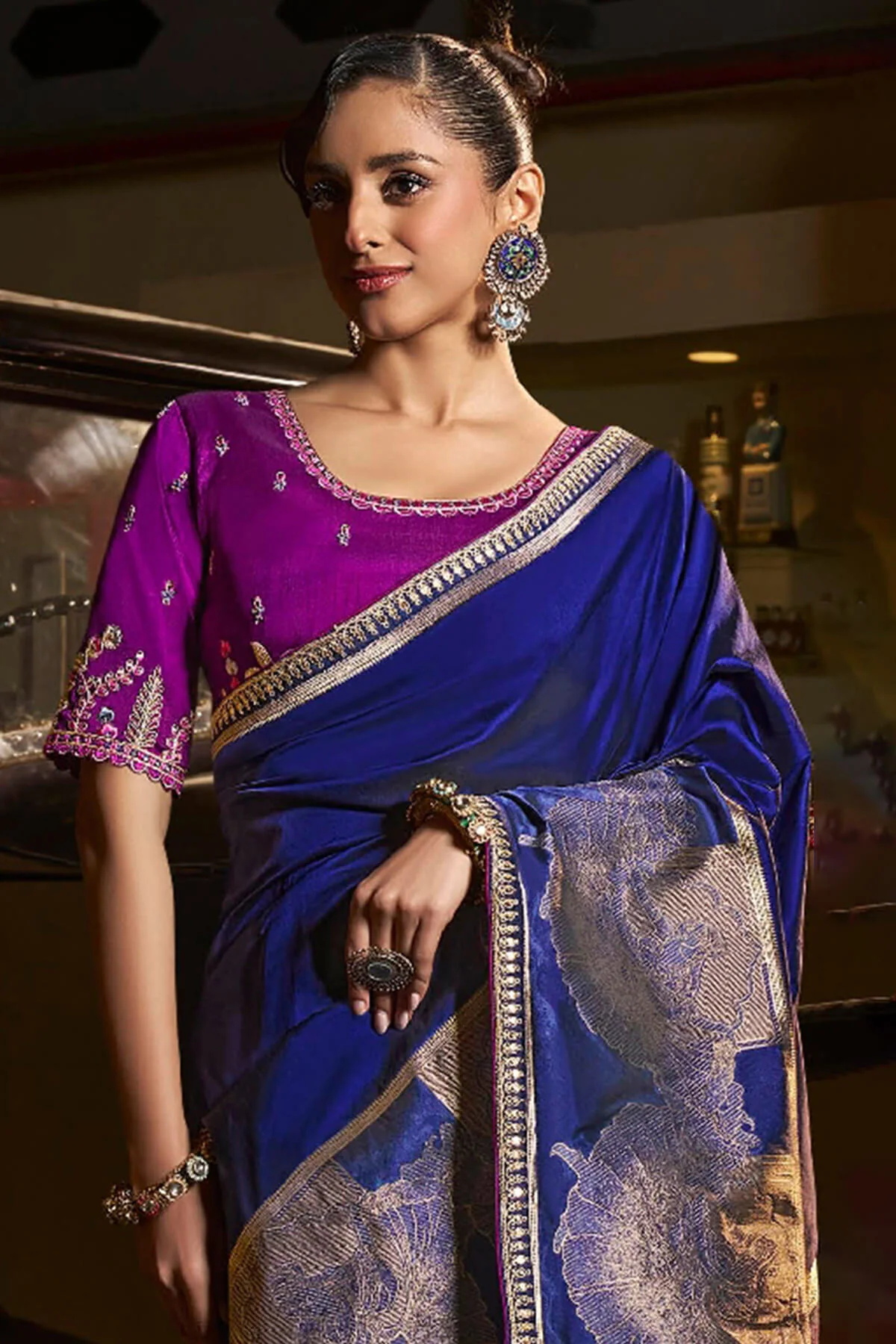 Winsome Navy Blue Banarasi Satin Silk Saree With Dazzling Blouse - Image 2