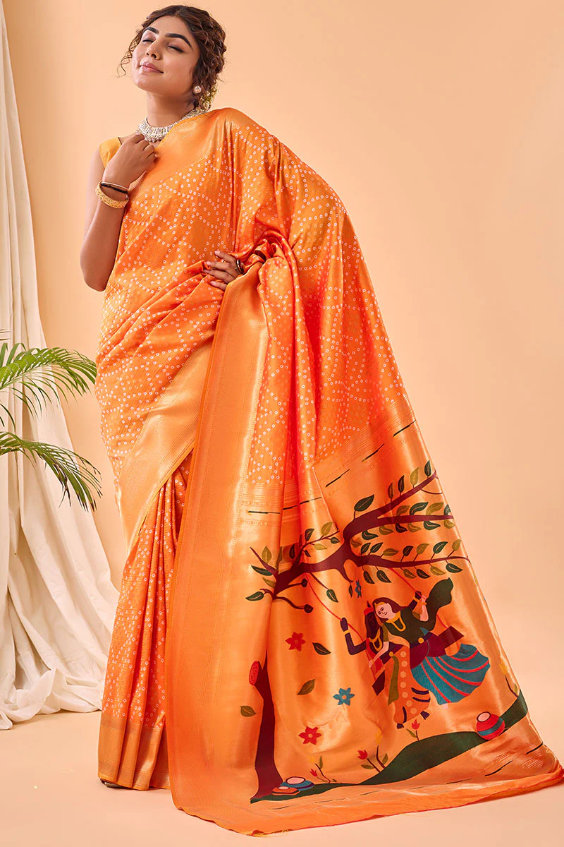 Winsome Orange Paithani Silk Saree With Staring Blouse Piece - Image 3