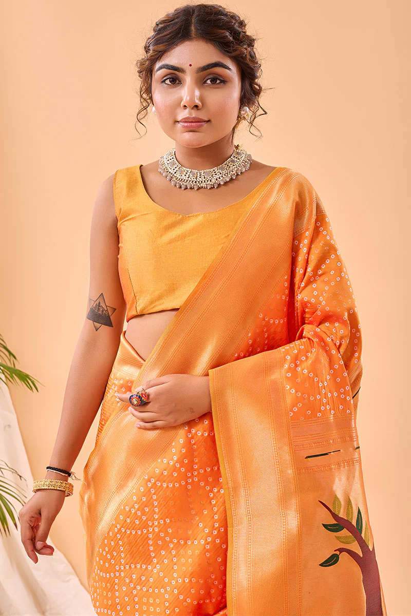 Winsome Orange Paithani Silk Saree With Staring Blouse Piece - Image 4