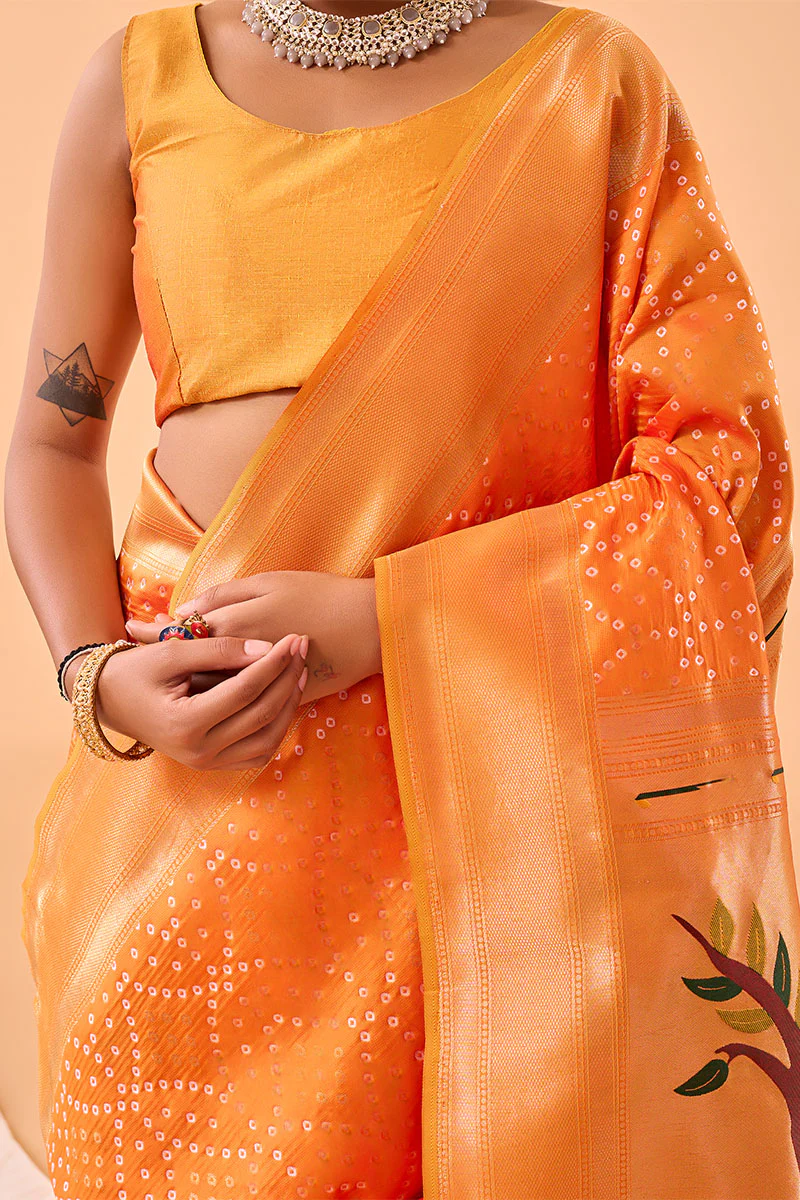 Winsome Orange Paithani Silk Saree With Staring Blouse Piece - Image 5