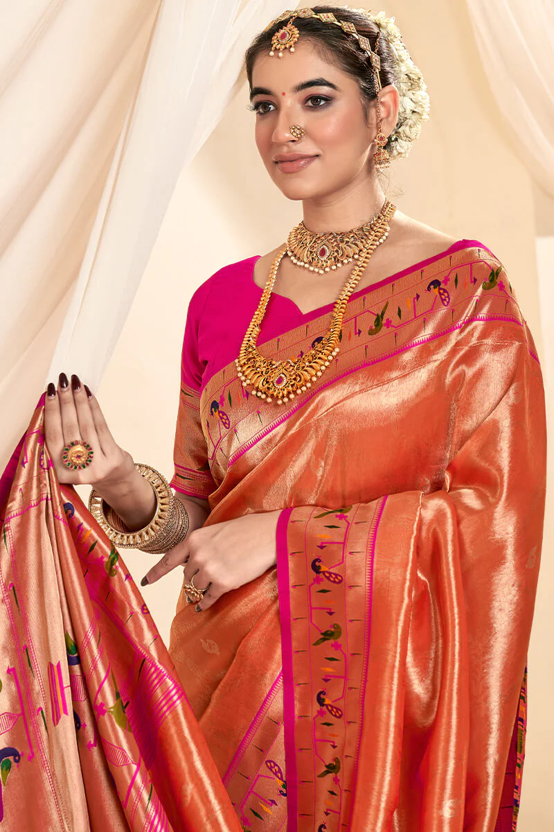 Winsome Red Paithani Silk Saree With Whimsical Blouse Piece - Image 2