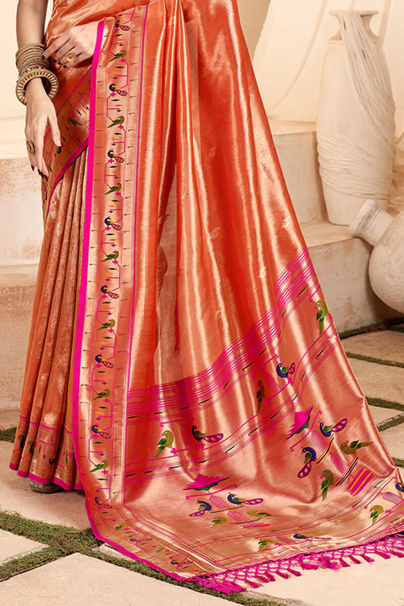 Winsome Red Paithani Silk Saree With Whimsical Blouse Piece - Image 4