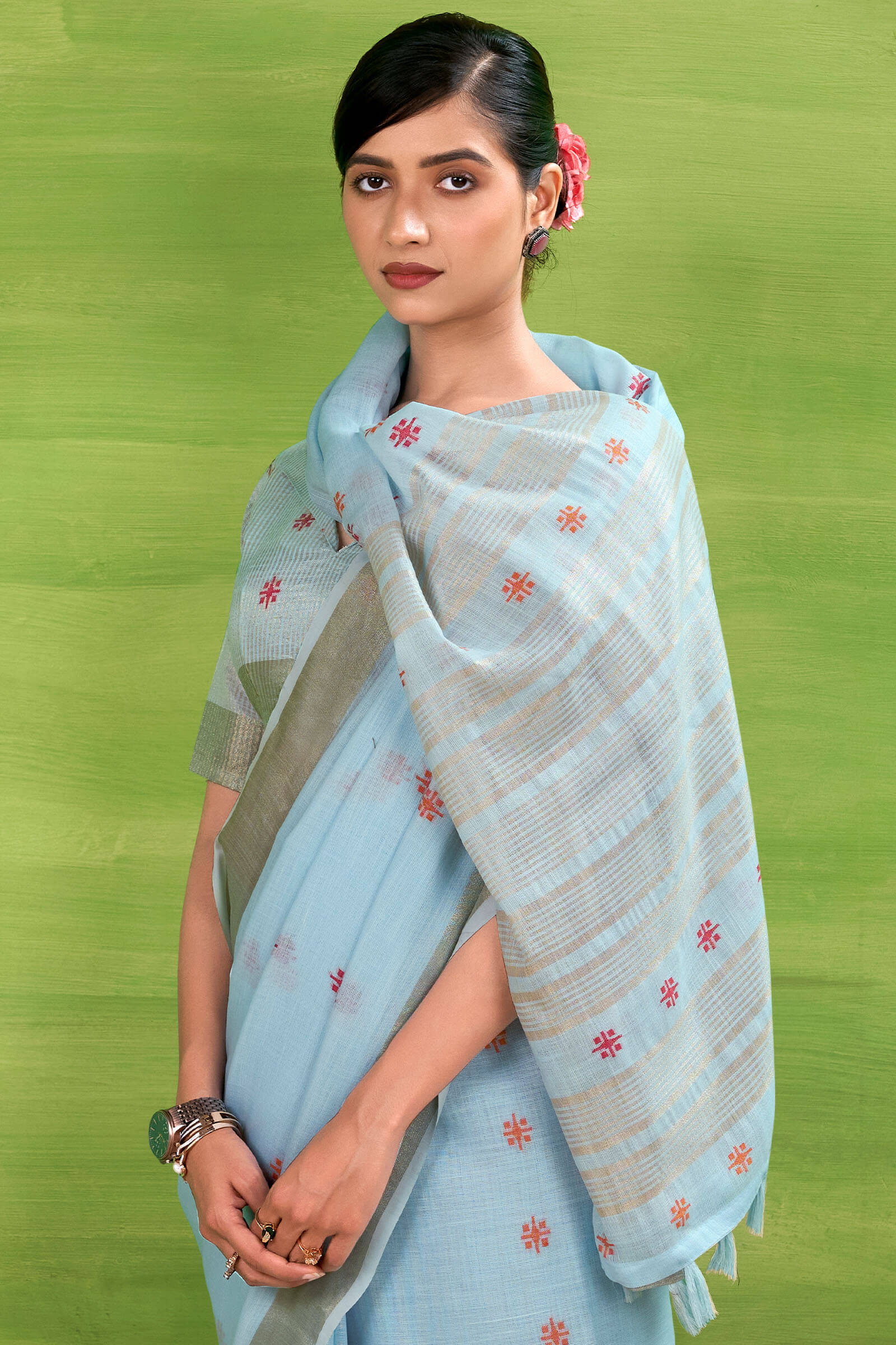 Winsome Sky Cotton Silk Saree With Adorning Blouse Piece - Image 4