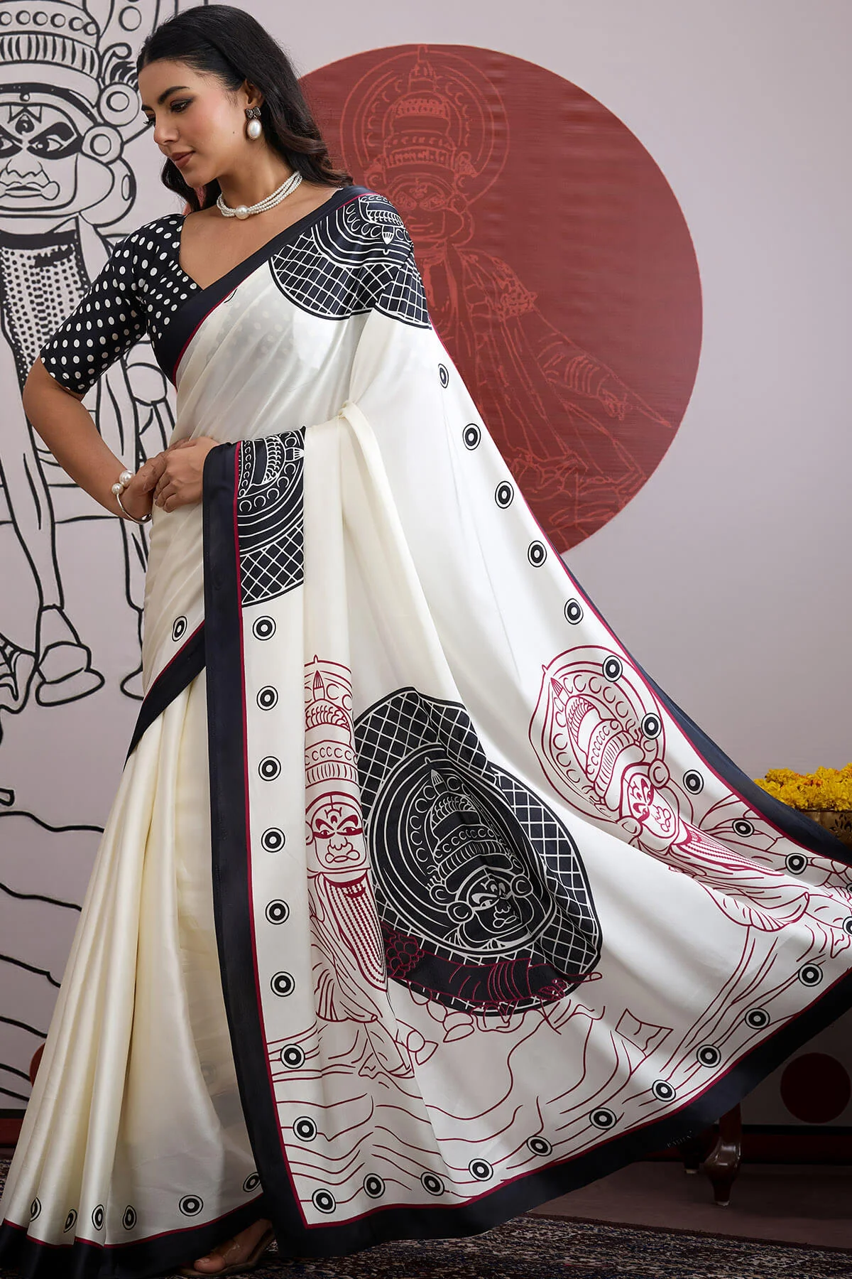 Woebegone Off White and Black Ajrakh Printed Satin Silk Saree With Lovely Blouse Piece - Image 3