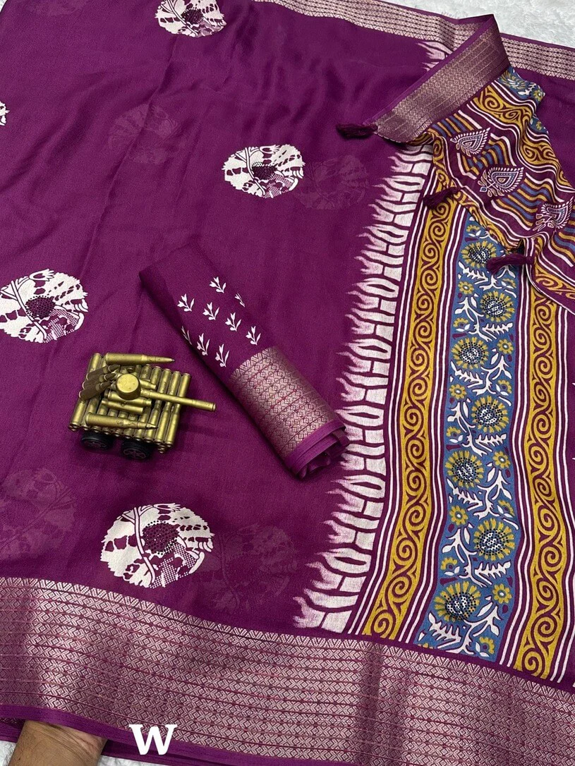 Woebegone Purple Digital Printed Dola Silk Saree With Incredible Blouse Piece - Image 2