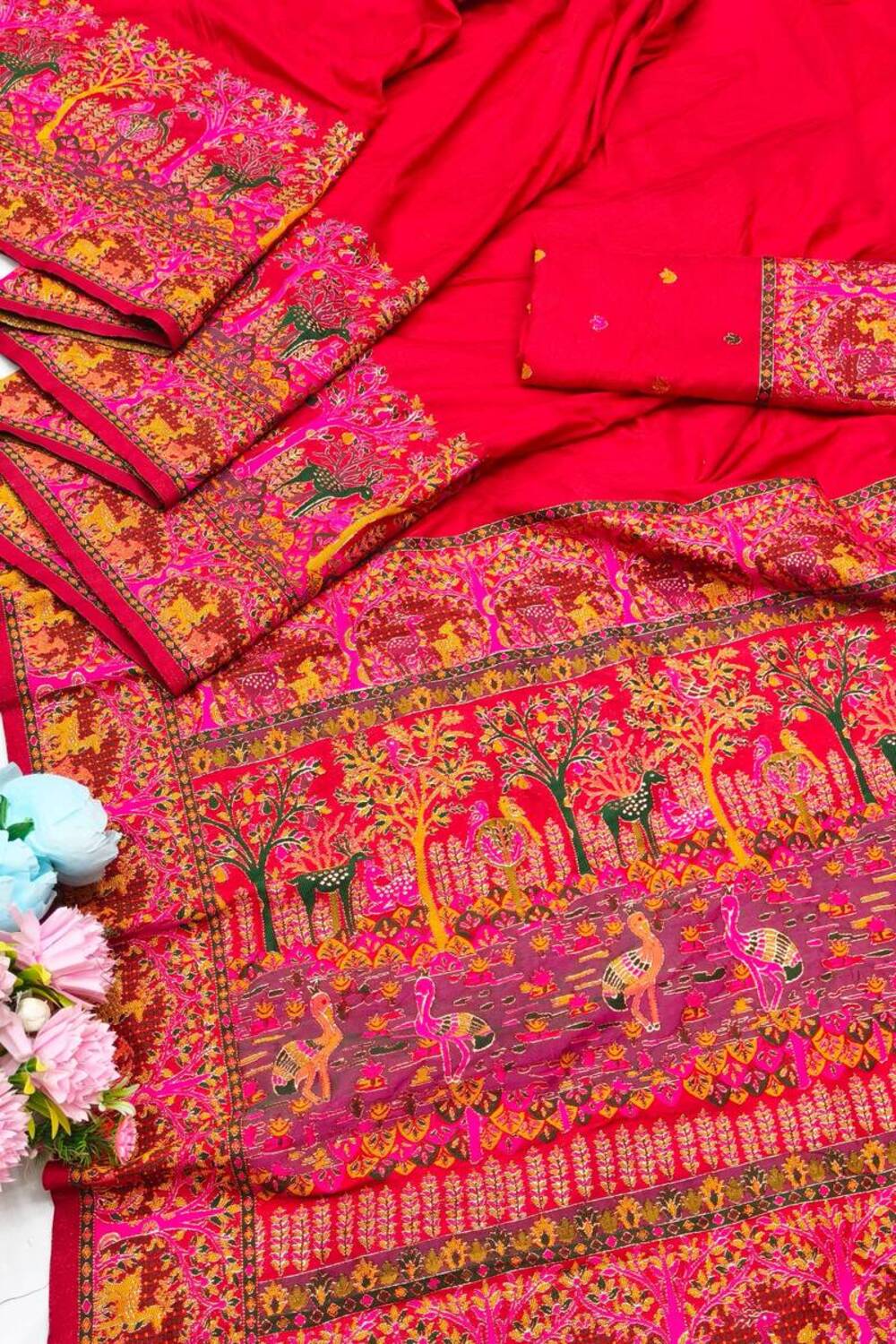 Woebegone Red Nylon Dola Pashmina Saree With Redolent Blouse Piece - Image 3
