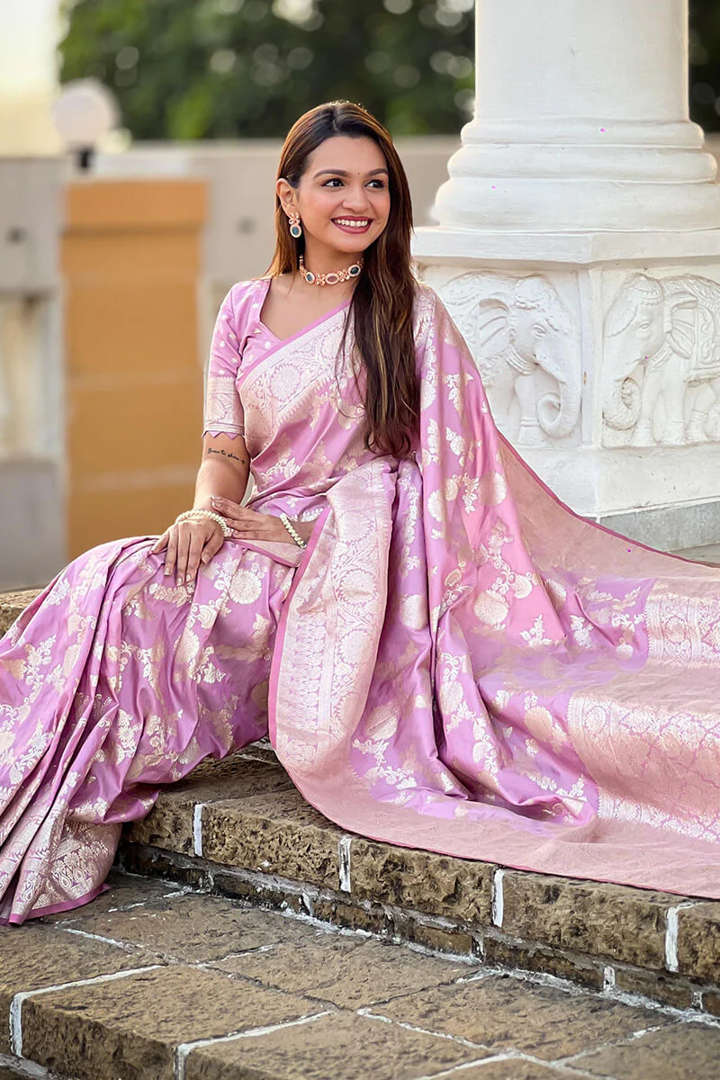 Wonderful Baby Pink Soft Banarasi Silk Saree With Attractive Blouse Piece - Image 4
