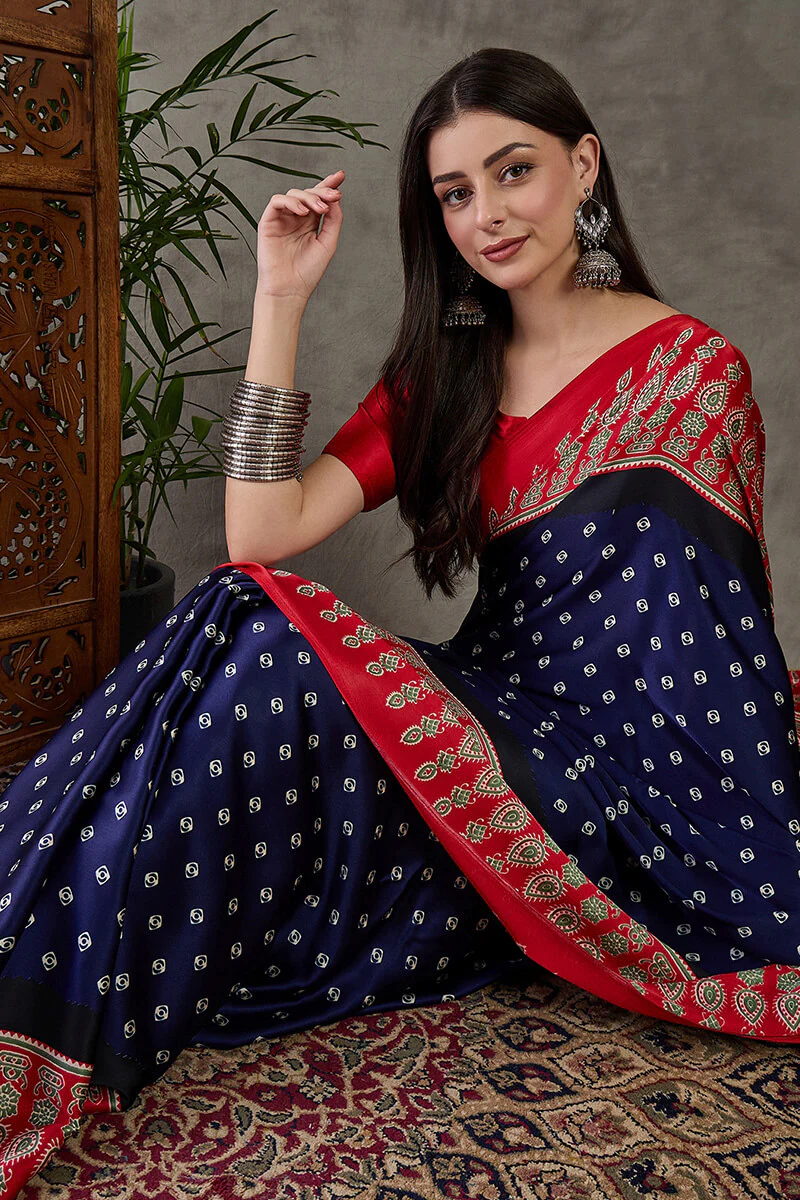 Wonderful Navy Blue Ajrakh Printed Semi Modal Silk Saree With Captivating Blouse Piece - Image 2
