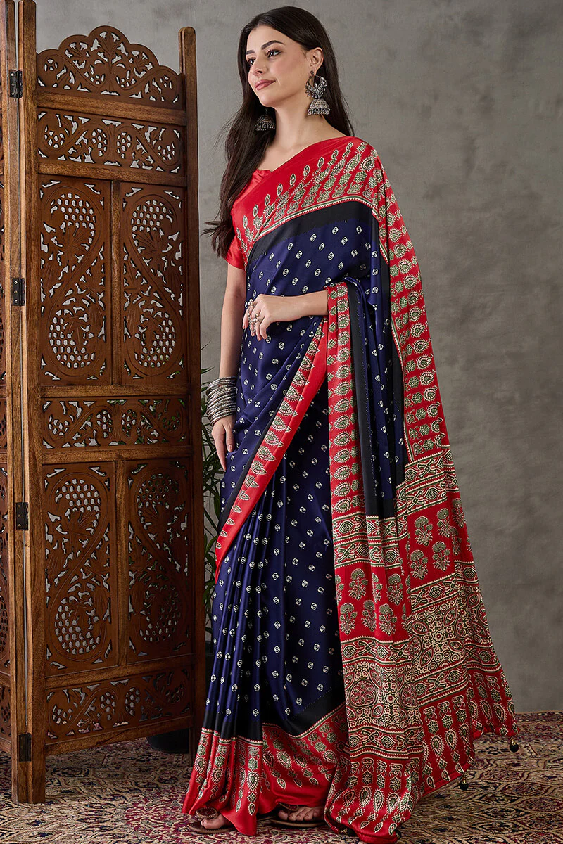 Wonderful Navy Blue Ajrakh Printed Semi Modal Silk Saree With Captivating Blouse Piece - Image 3
