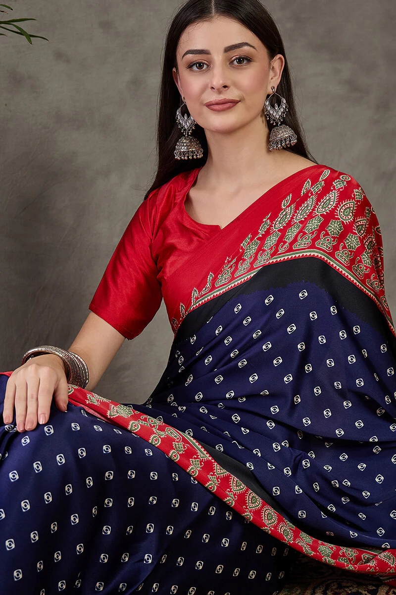 Wonderful Navy Blue Ajrakh Printed Semi Modal Silk Saree With Captivating Blouse Piece - Image 4