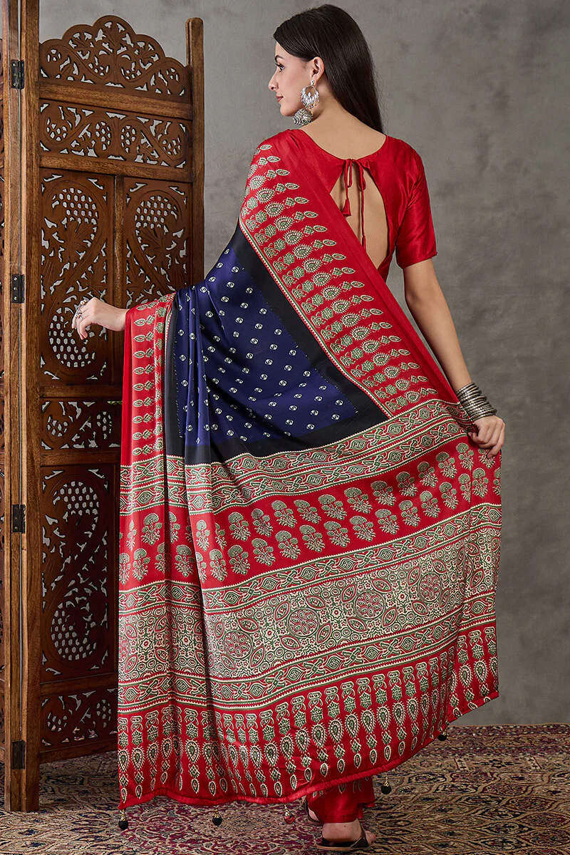 Wonderful Navy Blue Ajrakh Printed Semi Modal Silk Saree With Captivating Blouse Piece - Image 7