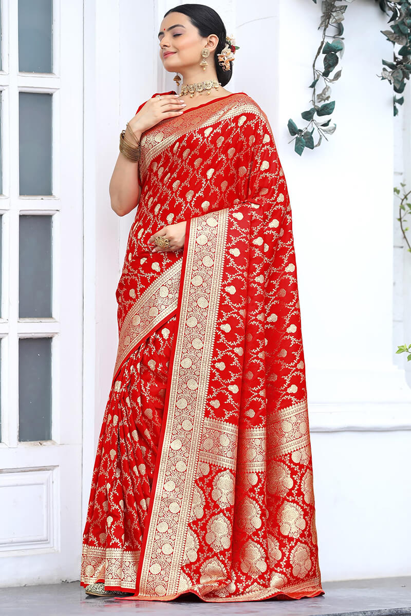 Wonderful Red Soft Banarasi Silk Saree With Dazzling Blouse Piece - Image 4
