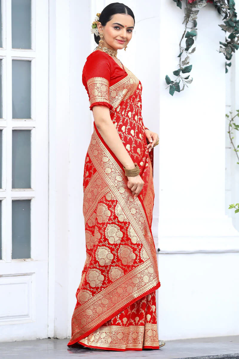 Wonderful Red Soft Banarasi Silk Saree With Dazzling Blouse Piece - Image 5