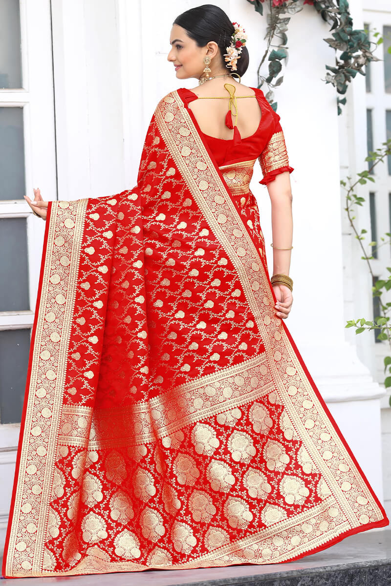 Wonderful Red Soft Banarasi Silk Saree With Dazzling Blouse Piece - Image 6
