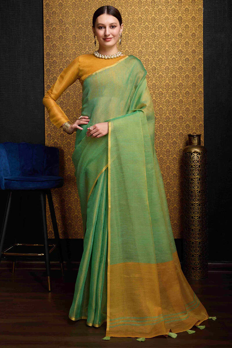 Wonderful Sea Green Soft Banarasi Tissue Silk Saree With Exquisite Blouse Piece