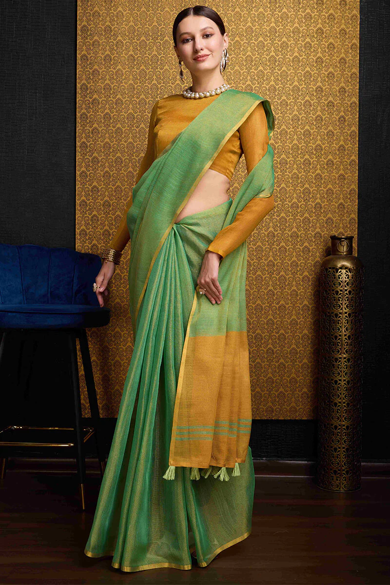 Wonderful Sea Green Soft Banarasi Tissue Silk Saree With Exquisite Blouse Piece - Image 3