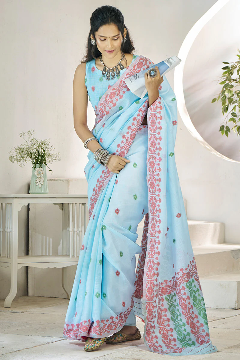 Wonderful Sky Cotton Silk Saree With Amazing Blouse Piece - Image 4