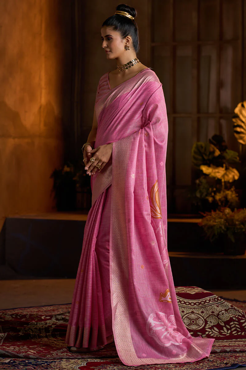 Zephyr Dark Pink Cotton Silk Saree With Pleasurable Blouse Piece - Image 3