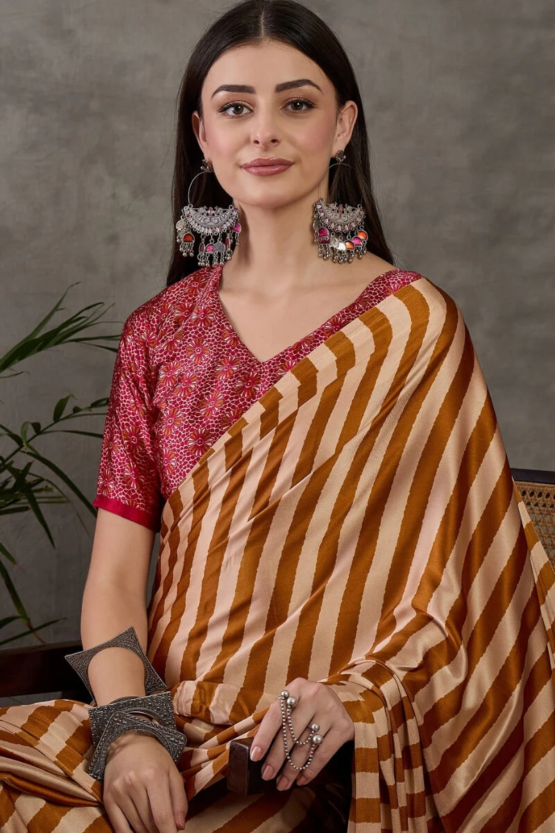 Zephyr Mustard Ajrakh Printed Semi Modal Silk Saree With Girlish Blouse Piece - Image 2