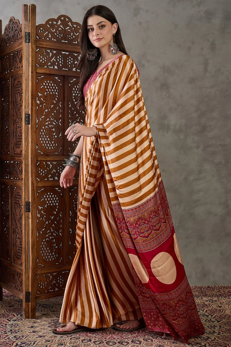 Zephyr Mustard Ajrakh Printed Semi Modal Silk Saree With Girlish Blouse Piece - Image 5