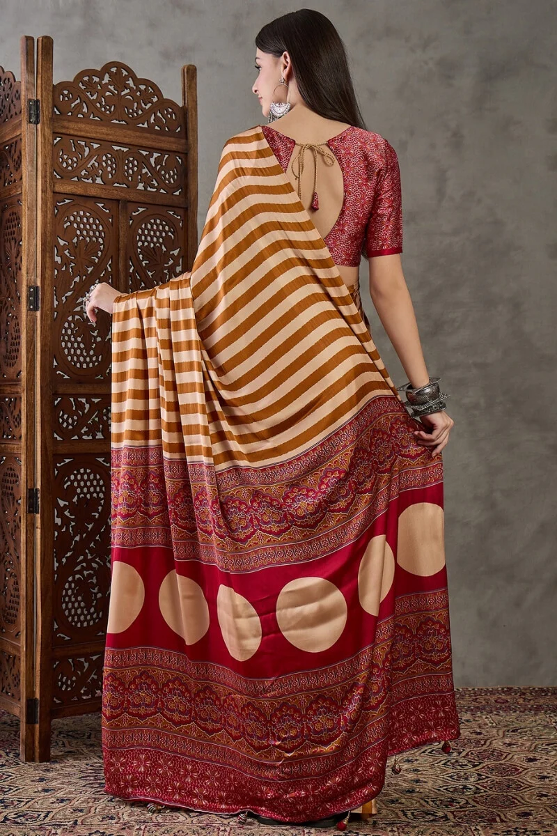 Zephyr Mustard Ajrakh Printed Semi Modal Silk Saree With Girlish Blouse Piece - Image 7