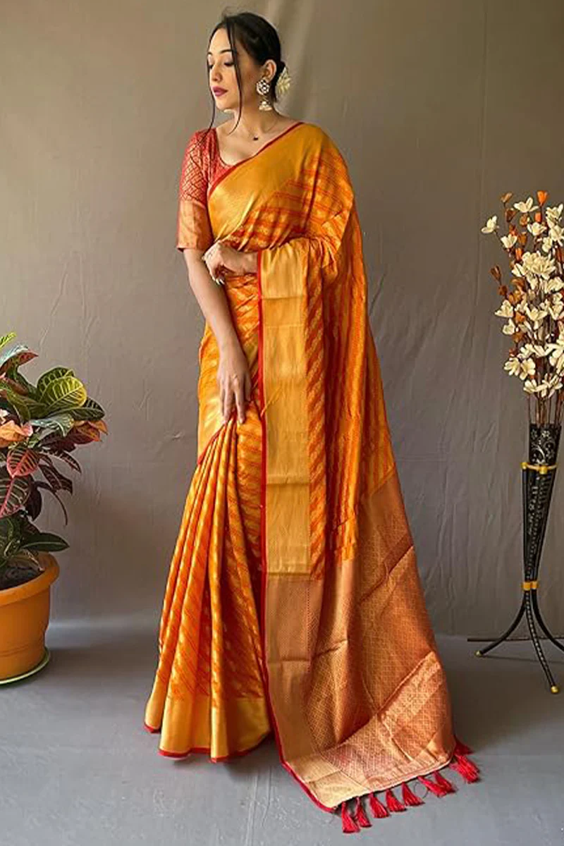 Zephyr Mustard Soft Banarasi Silk Saree With Ephemeral Blouse Piece