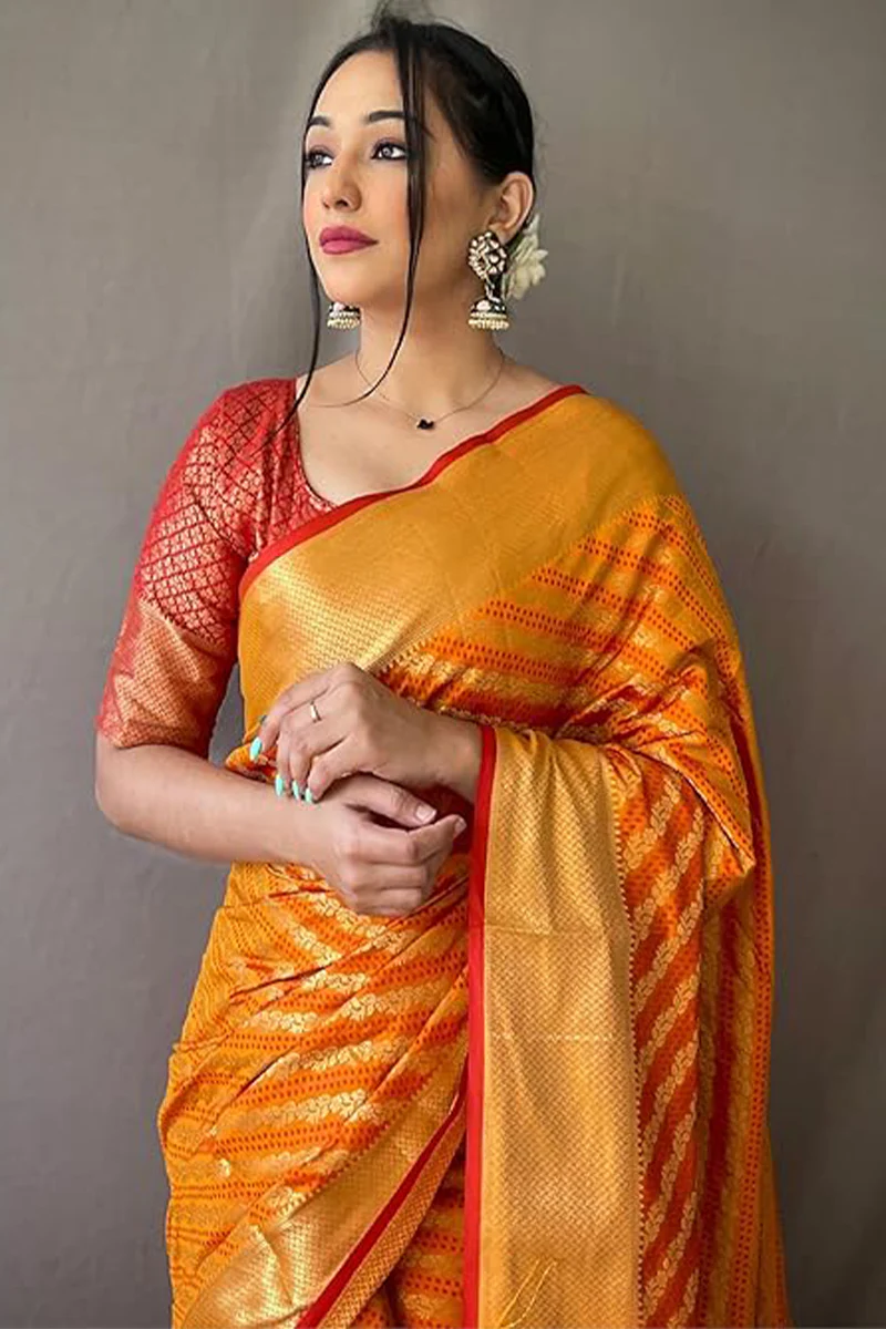 Zephyr Mustard Soft Banarasi Silk Saree With Ephemeral Blouse Piece - Image 2