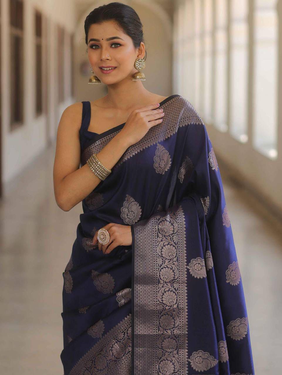 Zephyr Navy Blue Soft Silk Saree With Blooming Blouse Piece - Image 4