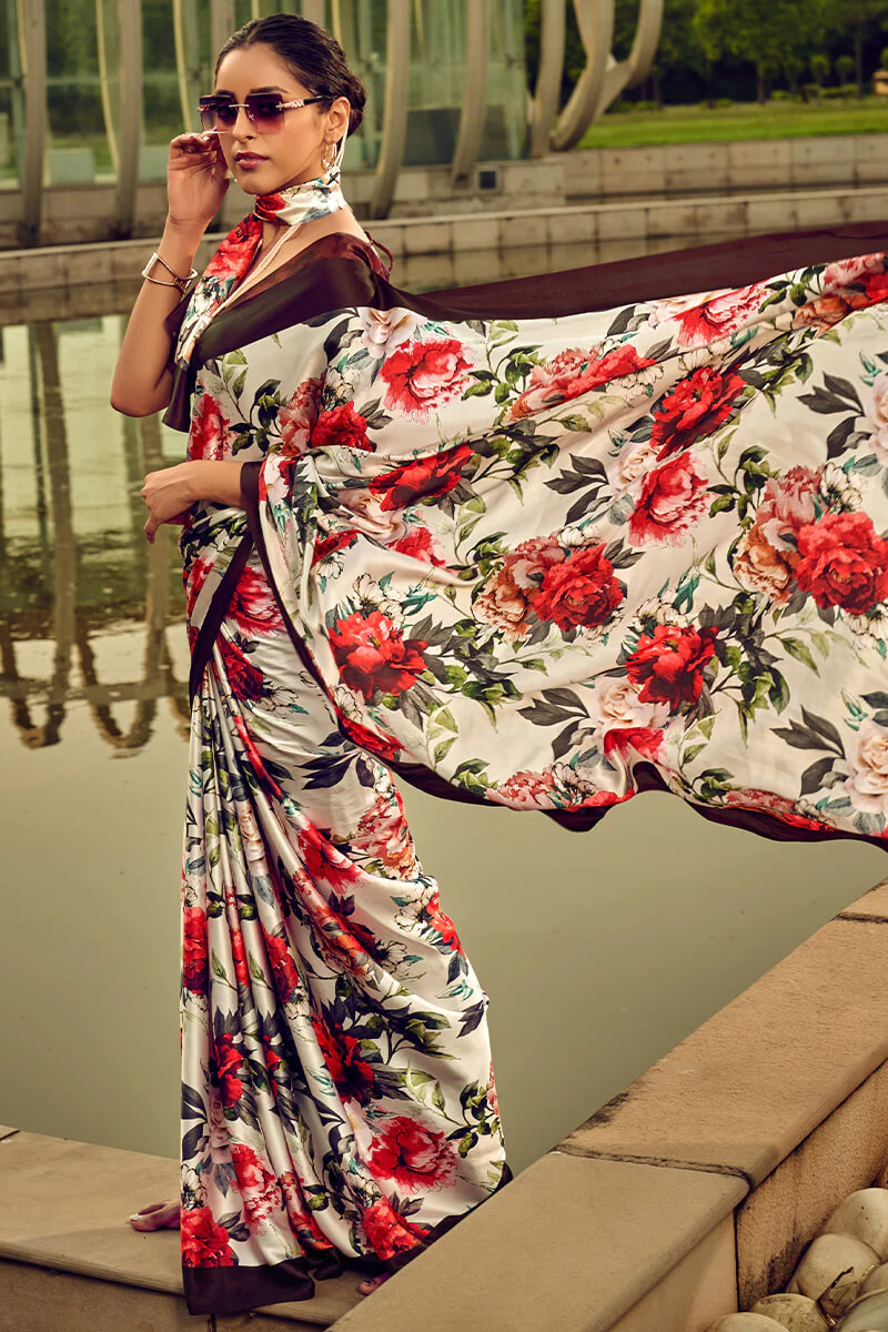 Zephyr Off White Digital Printed Satin Silk Saree With Ineffable Blouse Piece - Image 3