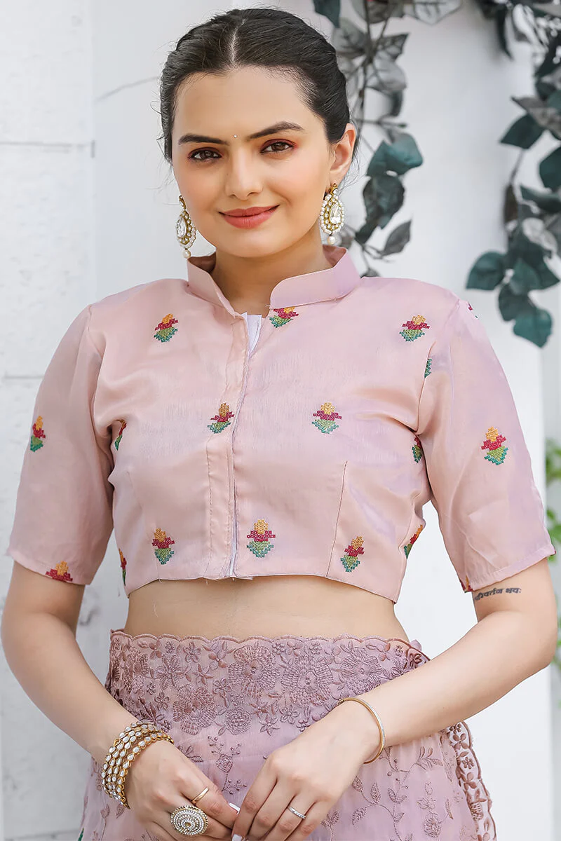 Zephyr Peach Embroidery Work Chiffon Silk Saree With Inimitable Blouse Piece - Image 2