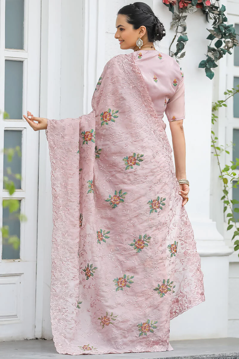 Zephyr Peach Embroidery Work Chiffon Silk Saree With Inimitable Blouse Piece - Image 3