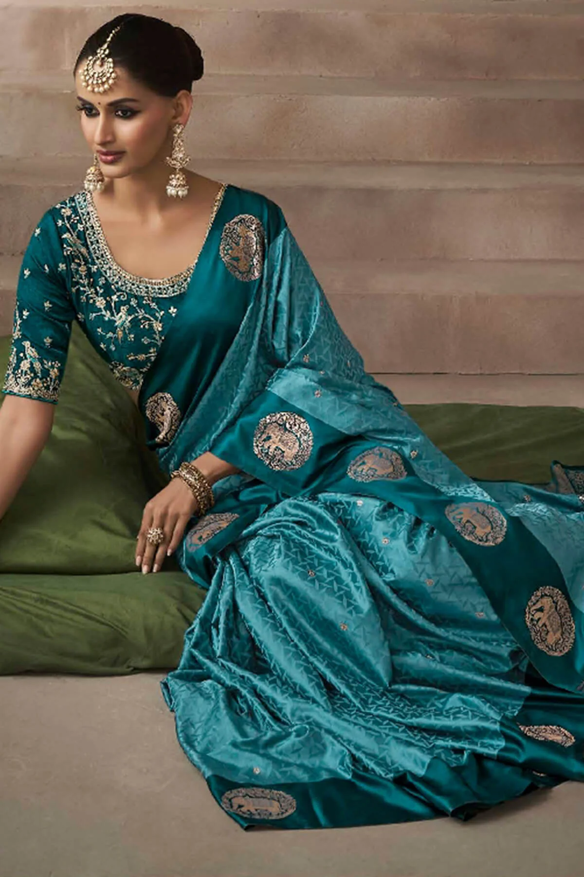 Zephyr Rama Banarasi Satin Silk Saree With Ephemeral Blouse - Image 2