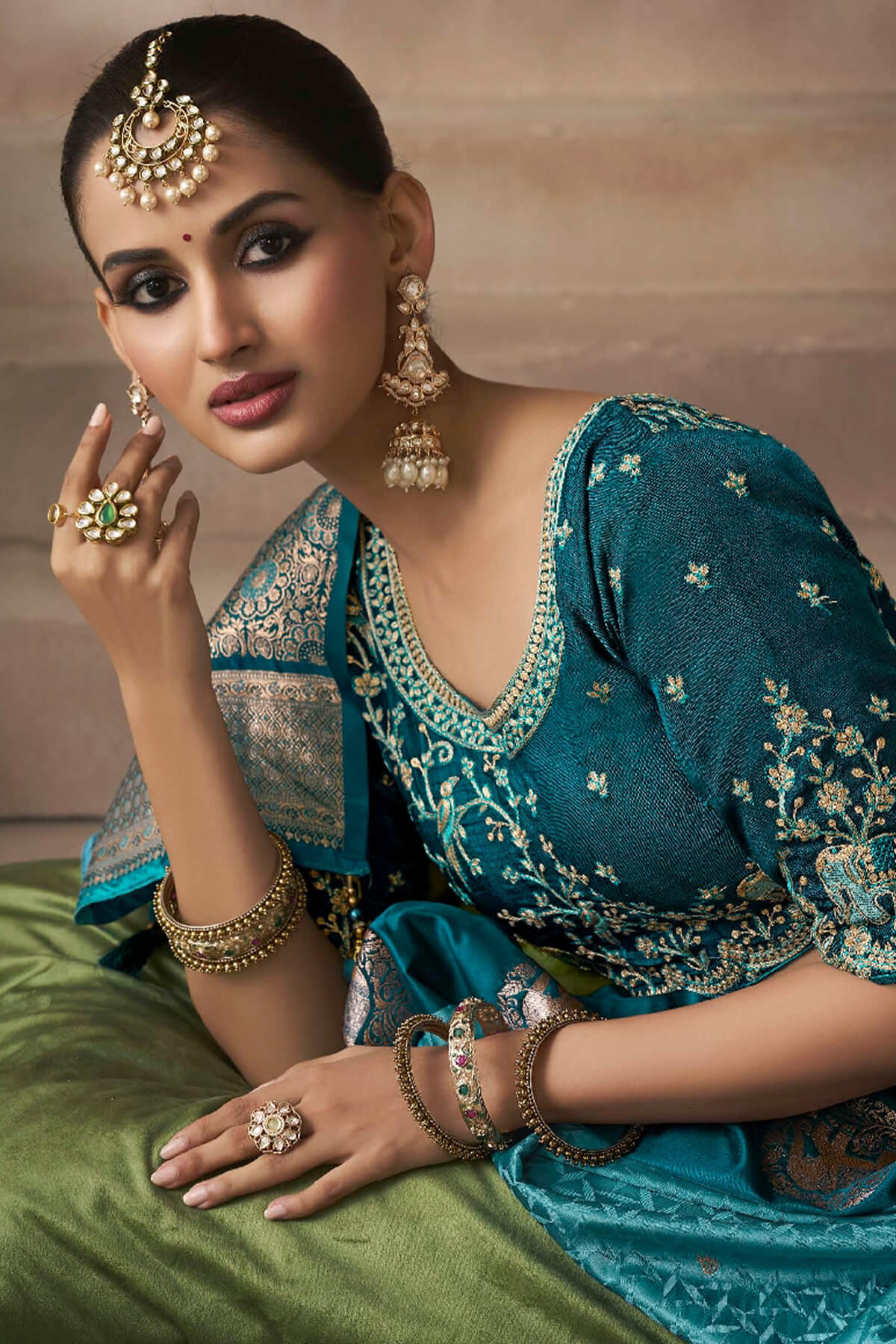 Zephyr Rama Banarasi Satin Silk Saree With Ephemeral Blouse - Image 3